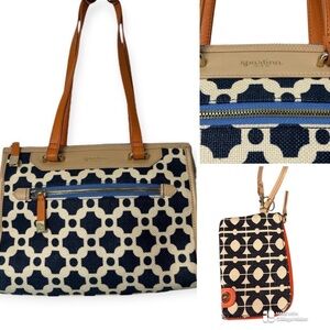 Spartina 449 linen and leather Navy and Tan Tote Bag and mini wallet